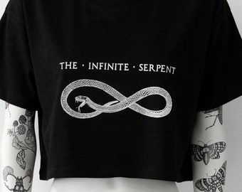 the infinite serpent, womens cropped top, hand printed , black, onesize, oversize, snake, infinity