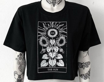 Top court The Sun, t-shirt noir imprimé à la main Sun Sunflowers Print Tarot Card