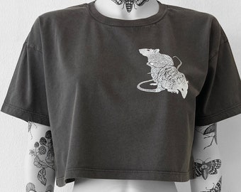 Rat t-shirt  Cropped Top rat handprinted stonewashed, onesize oversize rodent ratprint pet ratlover