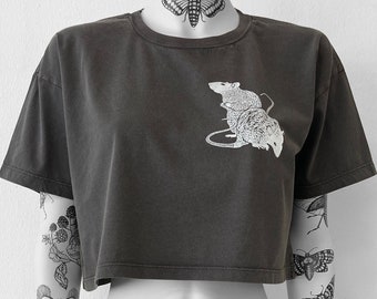 Rats, Woman onesize Cropped Top, handprinted, stonewashed, onesize, rodent, rat, ratprint, pets, ratlover