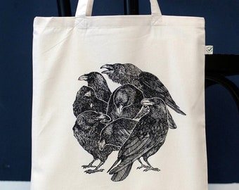 Crow Totebag Shopper Crow Totebag aus Baumwolle handbedruckt mit Siebdruck, Illustration