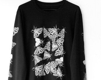 moth long sleeve t-shirt hand printed creatures of the night insect print moth print