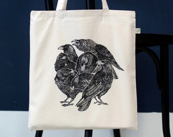 Crows, crow, tote, shopper, cotton, hand printed, birds, totebag, screenprint, illustration