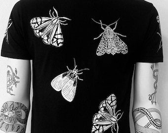 Moth t shirt unisex t-shirt moth black hand printed insect print Lepidoptera Animalia moth lovers