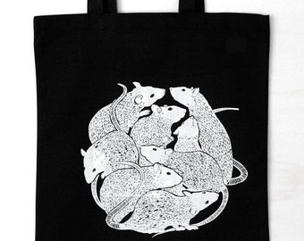 Rat tote bag rat cotton bag hand printed rats lover animal lover