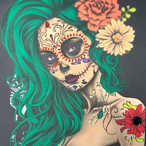 May include: A vibrant illustration of a figure with long, flowing emerald green hair, adorned with orange and yellow flowers. The face features intricate sugar skull makeup in red, black, and purple, with dark lipstick and a floral tattoo on the shoulder.