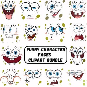 Peut inclure: Un ensemble de cliparts numériques présentant douze visages de personnages de dessins animés avec des yeux bleus et diverses expressions, sur fond blanc avec des taches vert olive. Le texte central indique FUNNY CHARACTER FACES CLIPART BUNDLE.
