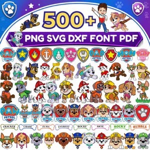 Peut inclure: Une collection numérique de plus de 500 graphiques et logos Paw Patrol aux formats PNG, SVG, DXF et PDF. L'image présente divers chiots de dessin animé, des badges en forme de bouclier et les noms des personnages Tracker, Chase, Zuma, Everest, Rocky, Skye et Rubble.