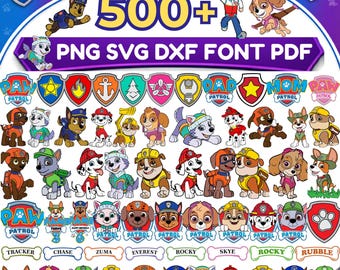 Plus de 500 images clipart de chiots de sauvetage mignons | Fête d'enfants PNG SVG DXF Police PDF | Pack d'autocollants badges chiot dessin animé | Graphismes numériques d'anniversaire