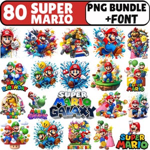 May include: A digital collection of 80 Super Mario PNG images and a font, featuring various colorful illustrations of Mario, Luigi, Princess Peach, Bowser, and Yoshi in action poses, with paint splatters, water effects, and game logos.