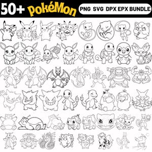 Könnte beinhalten: Eine digitale Sammlung von über 50 schwarz-weißen Strichzeichnungen verschiedener Pokémon-Charaktere. Die Kopfzeile enthält den Text 50+ Pokémon PNG SVG DPX EPX BUNDLE. Die Bilder zeigen verschiedene Kreaturen in unterschiedlichen Posen.