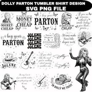 Puede incluir: Una colección de diseños gráficos digitales en blanco y negro con ilustraciones de Dolly Parton, guitarras acústicas, botas vaqueras, sombreros vaqueros, mariposas y notas musicales, acompañados de varias citas inspiradoras y el texto Dolly Parton.