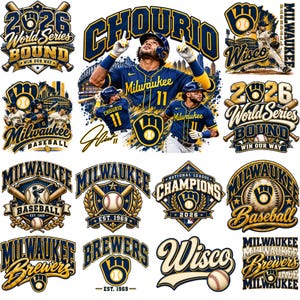 May include: A collection of Milwaukee Brewers baseball graphics featuring Jackson Chourio in a blue and gold uniform, various team logos, baseballs, bats, and text including 2026 World Series Bound, National League Champions, and Est. 1969.