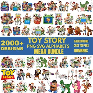 Può includere: Una collezione digitale di oltre 2000 design grafici di Toy Story che include file PNG e SVG, alfabeti, numeri e decorazioni per torte. Le immagini mostrano vari personaggi come Woody, Buzz Lightyear, Rex e Mr. Potato Head in scene.