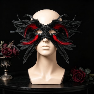 Black Red Sequin Feather Mask,  Masquerade Party Mask, Gothic Carnival Costume Mask, Halloween Ball Face Mask, Dramatic Feather Accessory