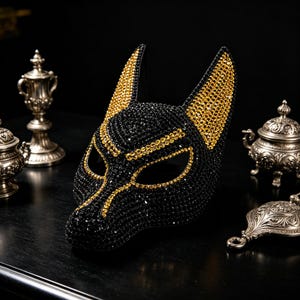 May include: A canine-shaped mask covered in black and gold rhinestones. The mask features pointed ears, almond-shaped eye openings, and a snout, with gold stones accenting the ears, brow, and nose bridge against a field of black stones.