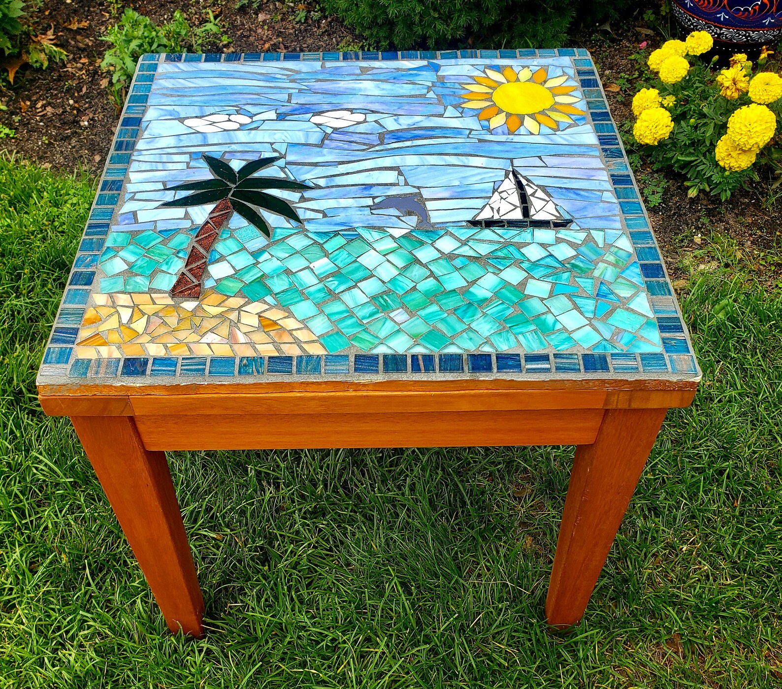 Mosaic Accent Table Ocean Scene Etsy
