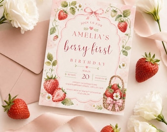 Berry First Birthday Invitation, Strawberry First Birthday Invite, Editable Girl Birthday Party Template, Pink Floral Strawberry