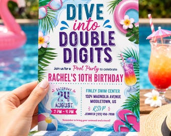 Pool Party Birthday Invitation Template, Double Digits 10th Birthday Invite, Tropical Summer Swimming Party