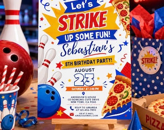 Bowling-Geburtstags-Einladungsvorlage, schlage eine lustige Party ein, Pizza-Bowling 8.Geburtstag, bearbeitbare Canva digitale Einladung