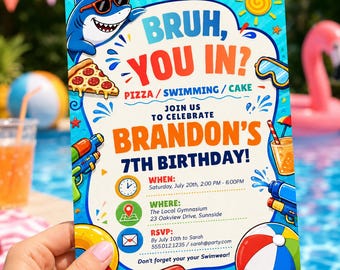 Pool Party Birthday Invitation Template, Shark Swimming Pizza Cake Invite, 7th Birthday Summer Party, Editable Canva Digital Invitation