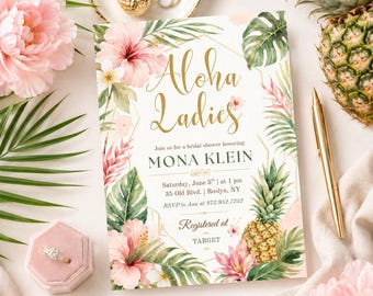 Aloha Ladies Bridal Shower Invitation, Tropical Pineapple Bridal Shower Invite, Hawaiian Bride Tribe Party, Floral Digital Template