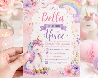 Einhorn-Geburtstags-Einladungsvorlage, magischer Regenbogen zum 3. Geburtstag einladen, rosa Pastell-Einhorn-Party bearbeitbare Canva digitale Einladung