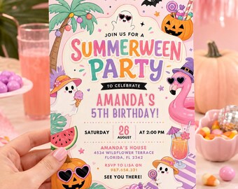 Summerween Birthday Invitation Template, Halloween Summer Pool Party Invite, Cute Ghost Flamingo Pumpkin Party