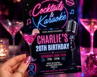 Cocktails and Karaoke Birthday Invitation Template, Neon 20th Birthday Party Invite, Karaoke Night Editable Canva Digital Invitation