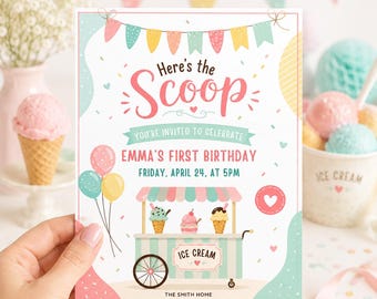 Here’s the Scoop Ice Cream Birthday Invitation Template, Pastel First Birthday Invite, Editable Canva Digital Invitation