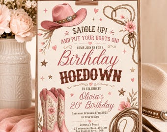 Pink Cowgirl Birthday Invitation, Western Hoedown Birthday Invite, Saddle Up Party Invitation, Girls Cowgirl Boots Digital Invite