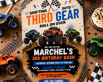 Monster Truck Birthday Invitation Template, 3rd Birthday Truck Party Invite, Racing Dirt Bash Editable Canva Digital Invitation