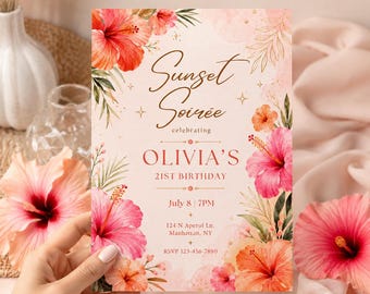 unset Soirée 21st Birthday Invitation, Tropical Hibiscus Birthday Invite, Pink Orange Floral Party Invitation, Summer Digital Template