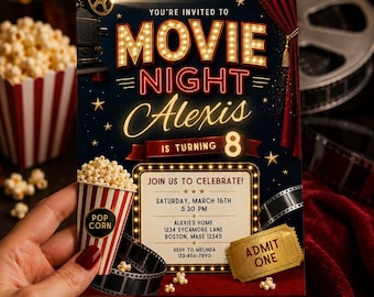 Movie Night Birthday Invitation Template, Cinema Party Invite, Popcorn Movie Birthday, Editable Canva Template, Red Gold Digital Invitation