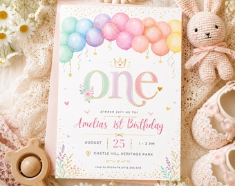 One First Birthday Invitation, Pastel Balloon 1st Birthday Invite, Baby Girl Birthday Invitation, Printable Digital Invite