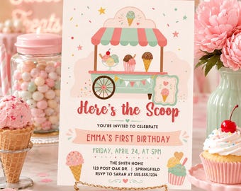 Ice Cream Birthday Invitation Template, Here’s the Scoop First Birthday Invite, Pastel Ice Cream Party, Editable Canva Digital Invitation