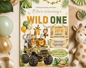 Safari Wild One Geburtstagseinladungsvorlage, Dschungeltiere Jeep 1. Geburtstag einladen, Safari Truck Party bearbeitbar Canva Digitale Einladung
