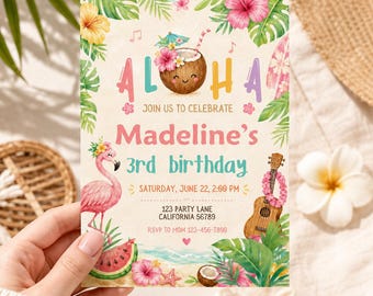 Aloha Tropical Birthday Invitation, 3rd Birthday Invite, Hawaiian Luau Party, Coconut Birthday Digital Invitation, Canva Template