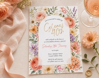 Floral 40th Birthday Invitation,40th Cocktail Party Invite, Elegant Garden Birthday, Watercolor Flower Digital Canva Template