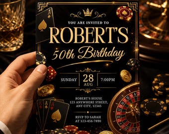 Casino 50th Birthday Invitation, Robert’s Birthday Invite, Black Gold Poker Party, Vegas Night Birthday