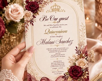 Burgundy Gold Quinceañera Invitation Template, Floral Princess Quince Invite,, Spanish Birthday Party Invite