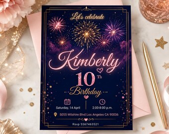 Fireworks Birthday Invitation Template, Pink Navy 10th Birthday Invite, Sparkle Celebration Party, Editable Canva Digital Invitation