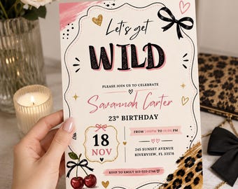 Wild Birthday Invitation, Leopard Print 23rd Birthday Invite, Cherry Bow Glam Party, Pink Black Gold Birthday, Digital Canva Template