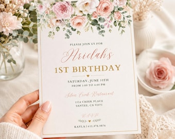 Elegant Floral 1st Birthday Invitation,Birthday Invite, Blush Pink Roses Girl Birthday Party, Editable Digital Canva Template