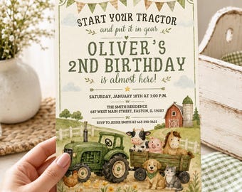 Faire-part 2e anniversaire de la ferme tracteur, 2e anniversaire, fête d'anniversaire des animaux de la ferme, modèle de toile numérique tracteur vert