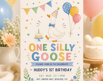 One Silly Goose Birthday Invitation Template, Goose 1st Birthday Party Invite, Cute Pastel Farm Animal Editable Canva Digital Invitation