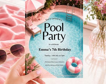 Pink Pool Party Birthday Invitation Template, Editable Canva Summer Pool Invite, Girl Birthday Party Digital Invitation, Instant Download