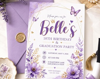 Floral Butterfly 18th Birthday Graduation Invitation, Pink Purple Birthday Invite, Elegant Graduation Party Digital Invite
