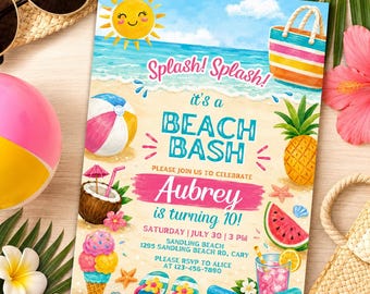 Beach Bash Birthday Invitation,10th Birthday Invite, Summer Pool Party, Tropical Beach Digital Invitation, Editable Canva Template