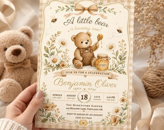 Little Bear First Birthday Invitation, Honey Bear Birthday Invite, Brown Neutral Teddy Bear Party, Bee Honeycomb Birthday